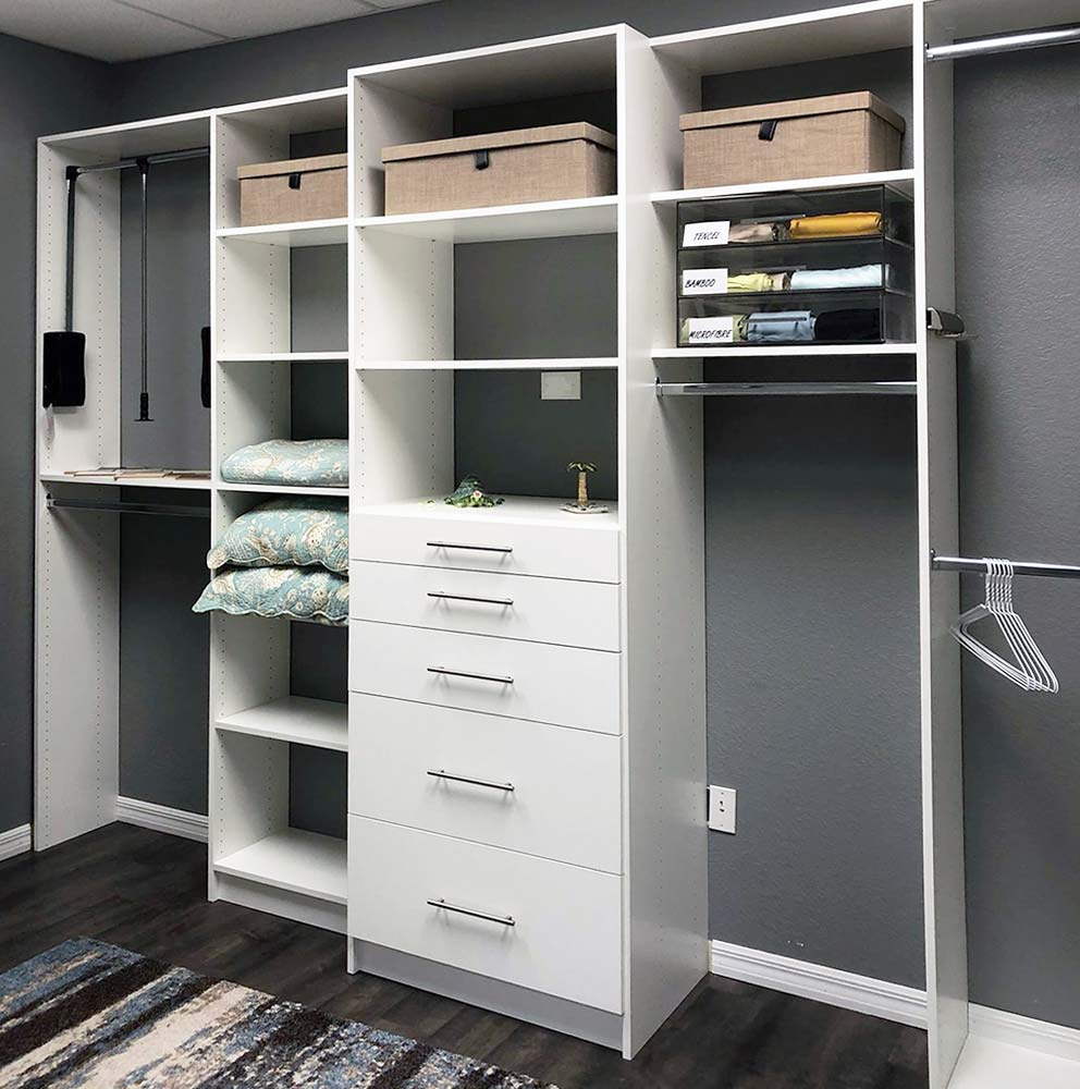 Closet System, Closte Organizer with Hamper, clothes racks, shelves and drawers, built by Miller's Murphy Bed & Home Office in Port Charlotte, FL